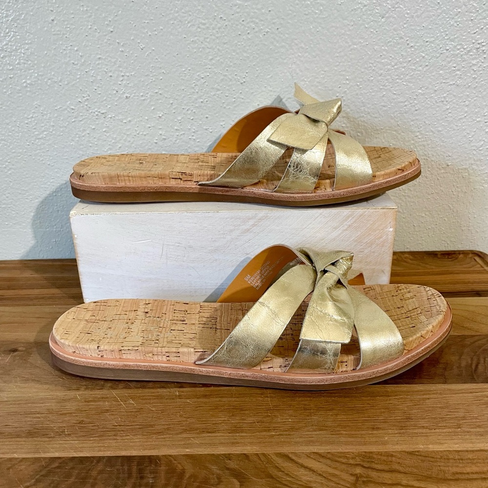 Kork Ease Metallic Gold Leather Slide Sandals Cork Footbed Comfort Boho Sz 9